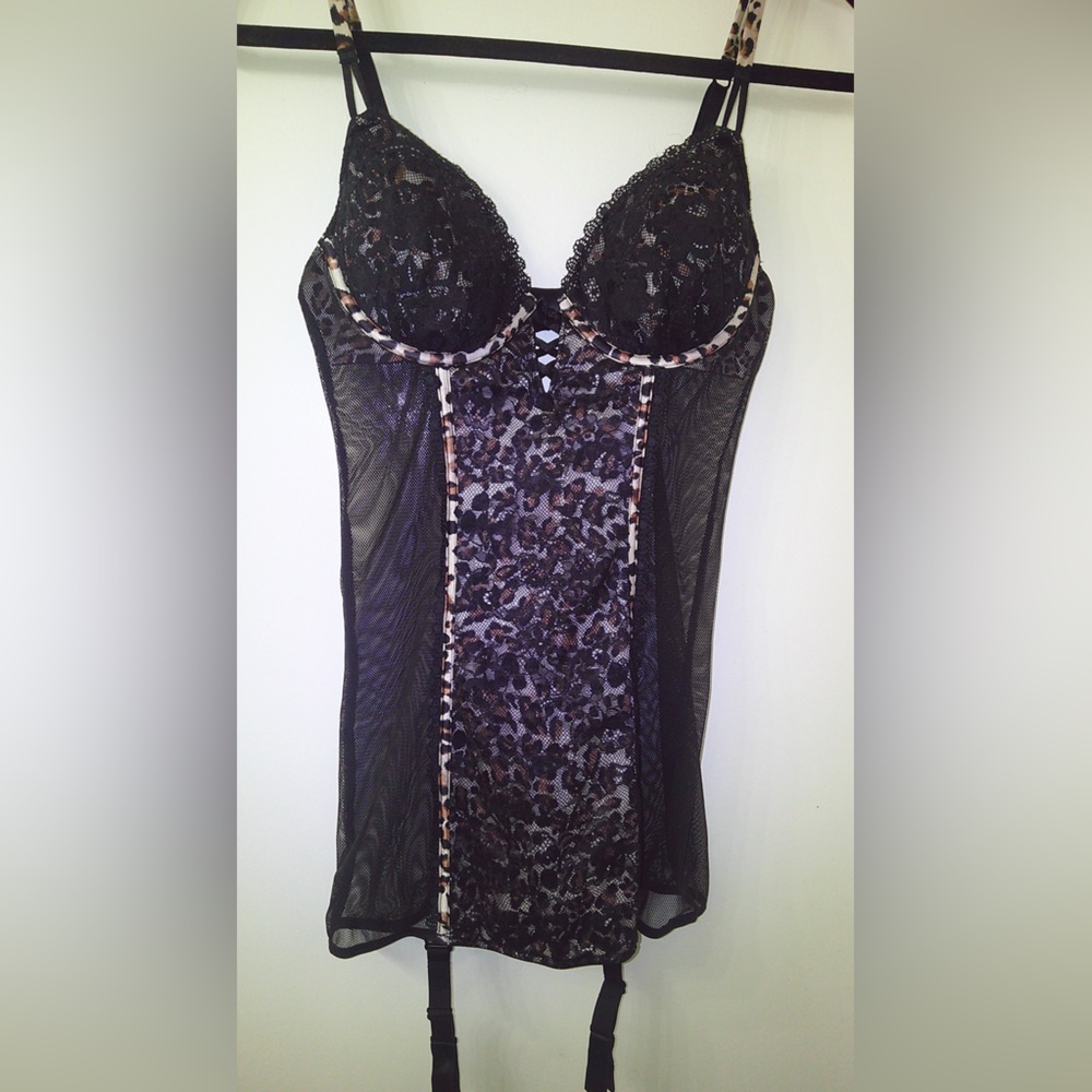 Victoria's Secret Black Lace & Leopard-Trim Sheer Babydoll